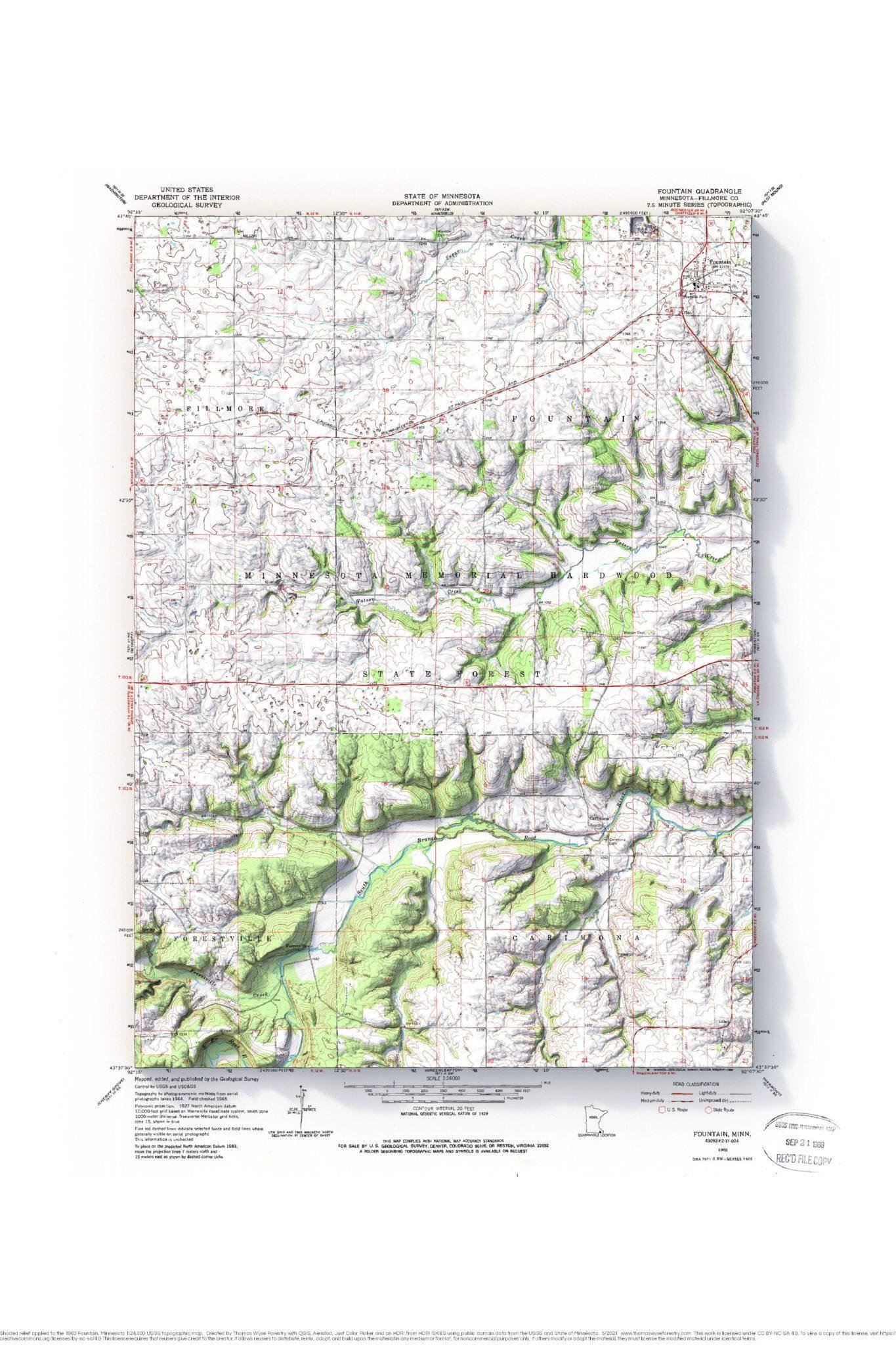 Fountain, Minnesota shaded relief topo map Thomas Wyse Forestry